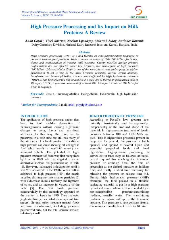 (PDF) High Pressure Processing and Its Impact on Milk Proteins: A Review