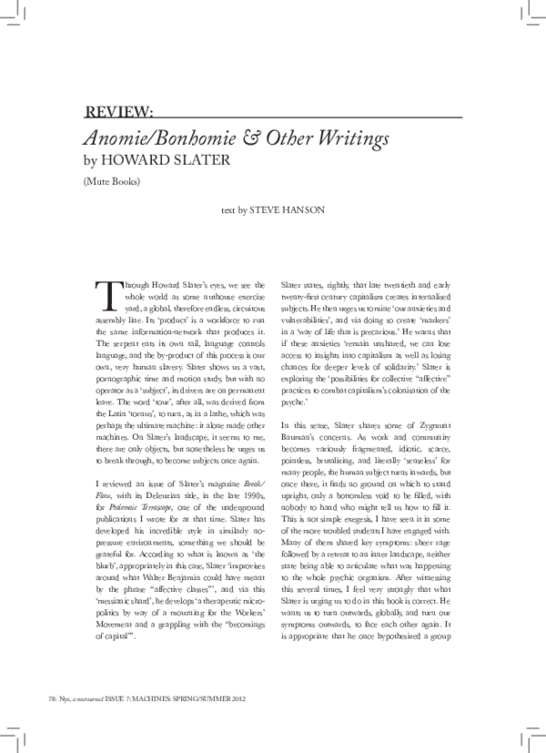 (PDF) (2012) Review of Anomie/Bonhomie by Howard Slater, in Nyx No.7 ...