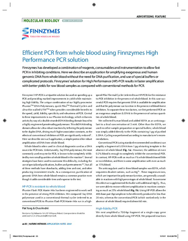Efficient PCR from whole blood using Finnzymes High Performance PCR ...
