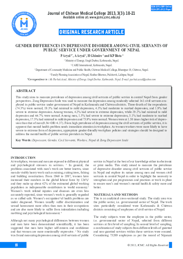(PDF) Gender Differences in Depressive Disorder among Civil Servants