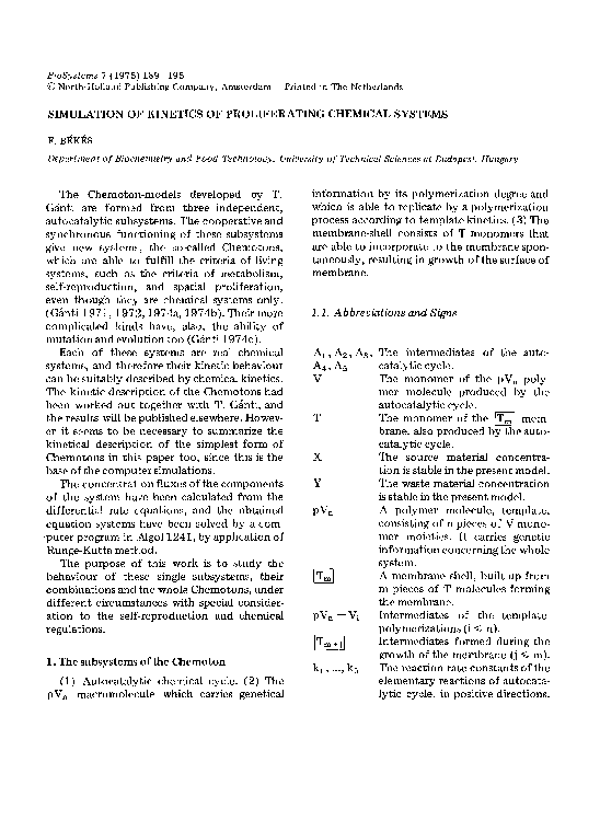 (PDF) Chemoton kinetics Biosystems 1975