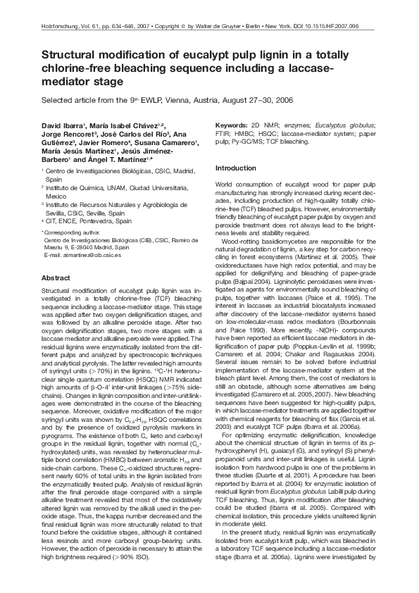 (PDF) Structural modification of eucalypt pulp lignin in a totally