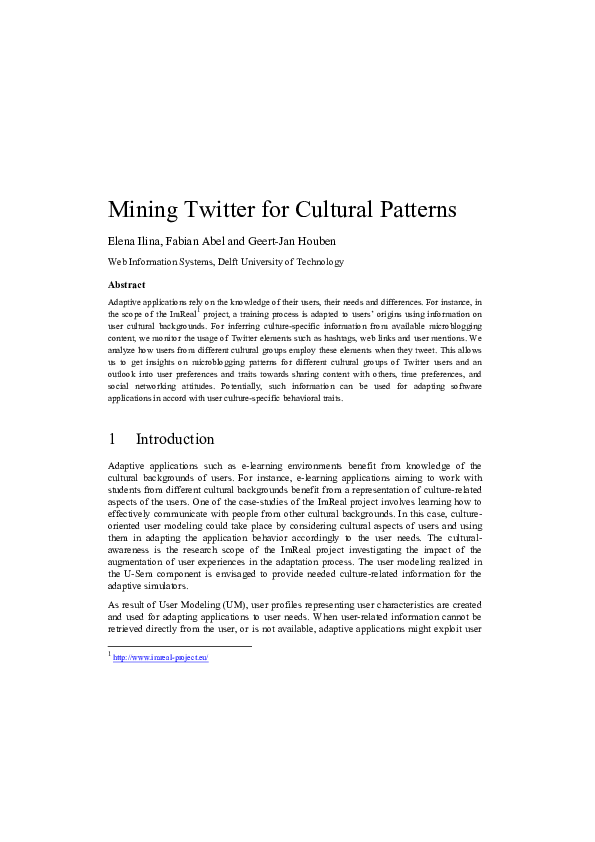 Pdf Mining Twitter For Cultural Patterns