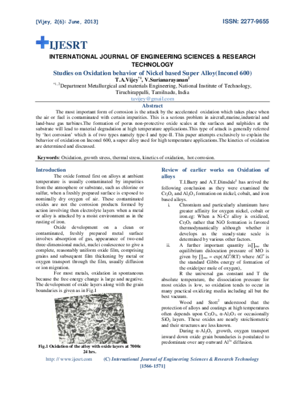 (PDF) Studies on Oxidation behavior of Nickel based Super Alloy(Inconel ...