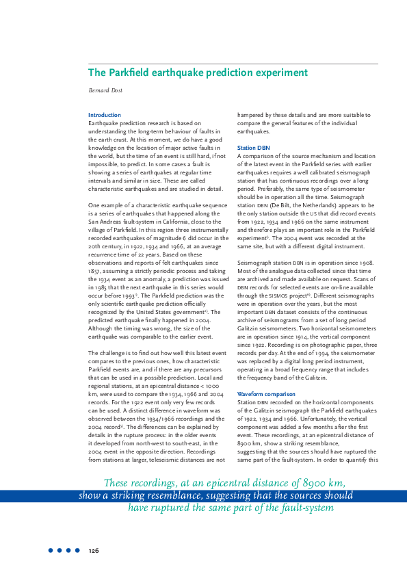 (PDF) The Parkfield earthquake prediction experiment Bernard Dost