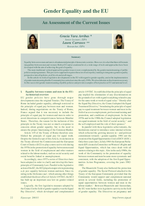 (PDF) Gender Equality and the EU: An Assessment of the Current Issues