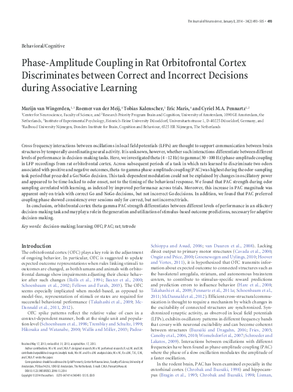 Phase Amplitude Coupling In Rat Orbitofrontal Cortex Discriminates Between Correct And Incorrect 