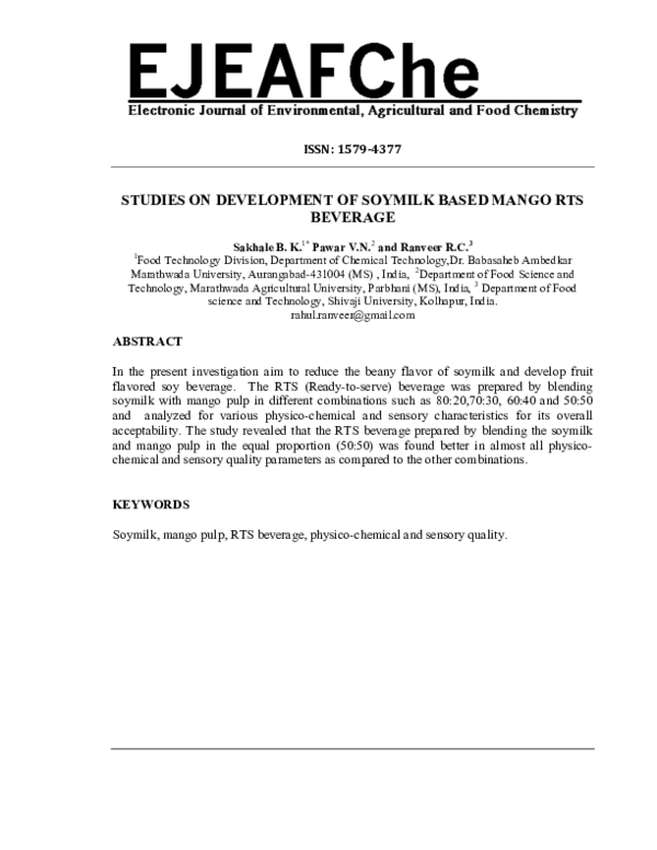 (PDF) STUDIES ON DEVELOPMENT OF SOYMILK BASED MANGO RTS BEVERAGE