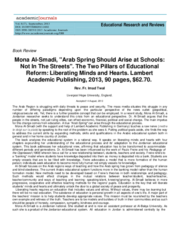 (PDF) Book Review: Arab Spring should arise at schools not in the streets