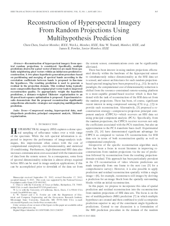 (PDF) Reconstruction of Hyperspectral Imagery From Random Projections ...