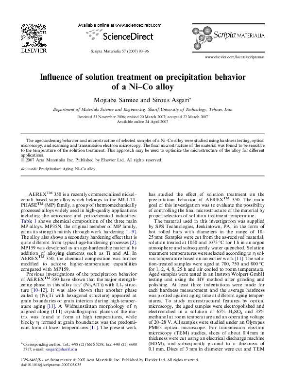 (PDF) Influence of Solution Treatment on Precipitation Behavior of a Ni ...