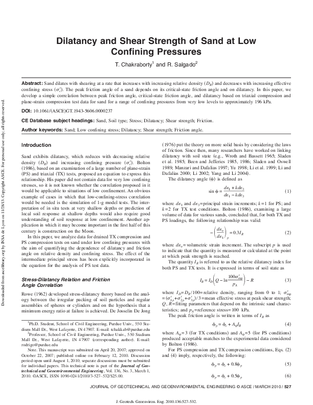 Dilatancy and Shear Strength of Sand at Low Confining Pressures