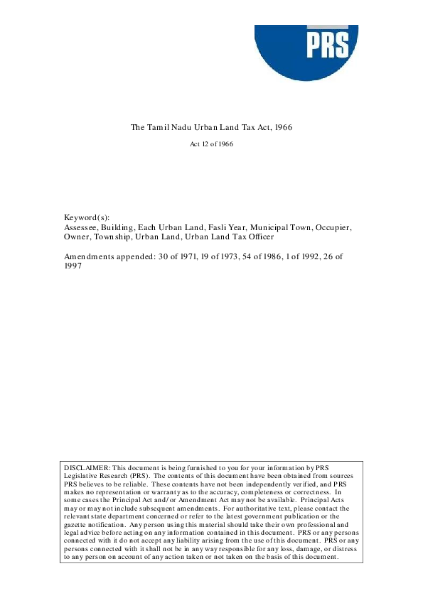 (PDF) Tamil Nadu Urban Land Tax Act 1966 Kumar Rajendran Academia.edu