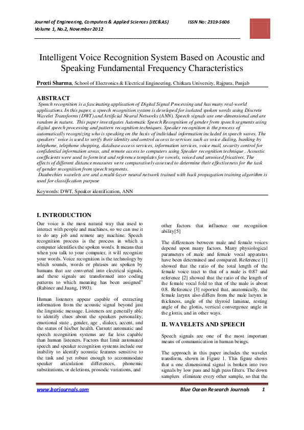 Pdf Intelligent Voice Recognition System Based On Acoustic And