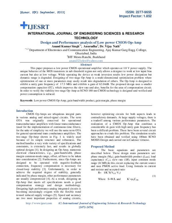 (PDF) Design and Performance analysis of Low power CMOS Op-Amp.