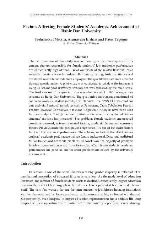 (PDF) Factors Affecting Female Students' Academic Achievement at Bahir ...