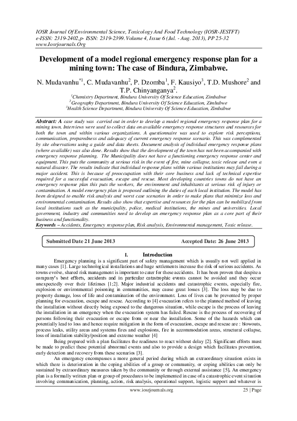 (PDF) Development of a model regional emergency response plan for a