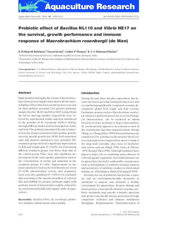 (PDF) Probiotic effect of Bacillus NL110 and Vibrio NE17 on the ...