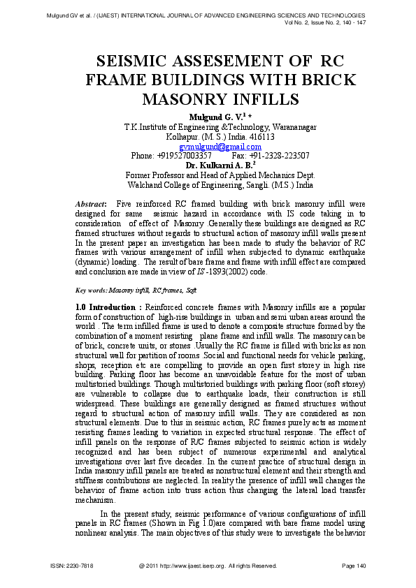 (PDF) SEISMIC ASSESEMENT OF RC FRAME BUILDINGS WITH BRICK MASONRY INFILLS