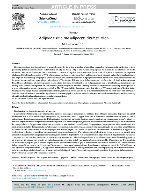 (PDF) ARTICLE IN PRESS +Model Adipose tissue and adipocyte dysregulation