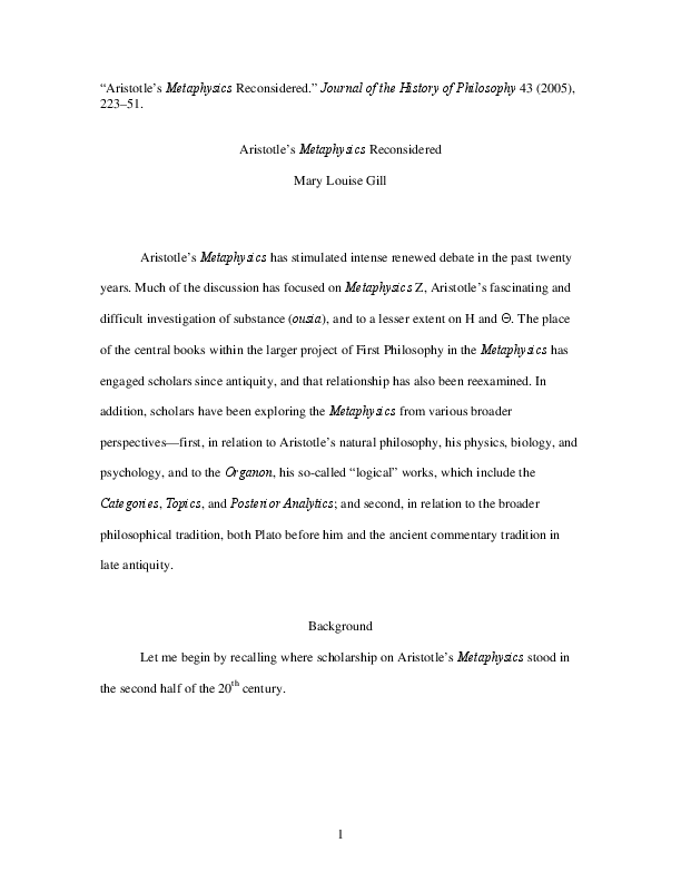 Pdf Aristotle S Metaphysics Reconsidered