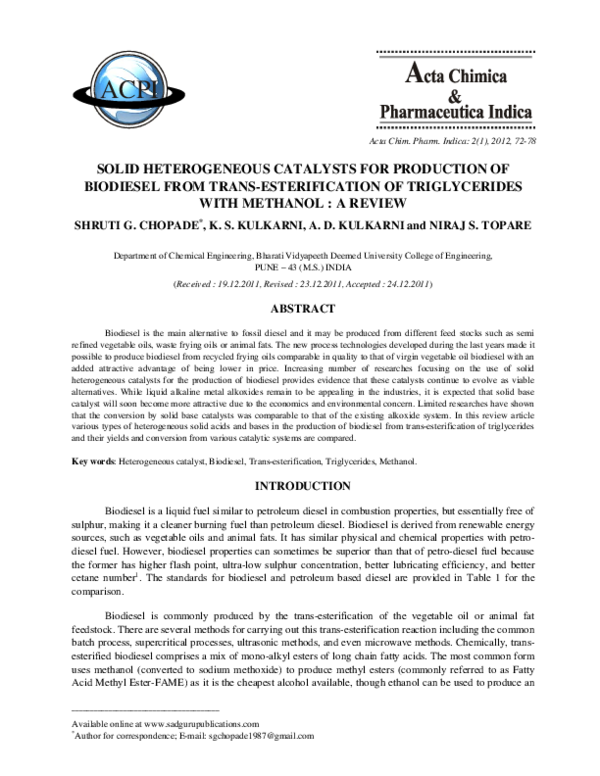(PDF) SOLID HETEROGENEOUS CATALYSTS FOR PRODUCTION OF BIODIESEL FROM ...