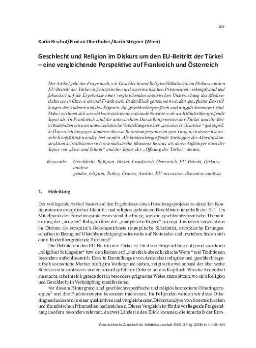 Pdf Geschlecht Und Religion Im Diskurs Um Den Eu Beitritt Der Turkei Eine Vergleichende Perspektive Auf Frankreich Und Osterreich Karin Stoegner Academia Edu
