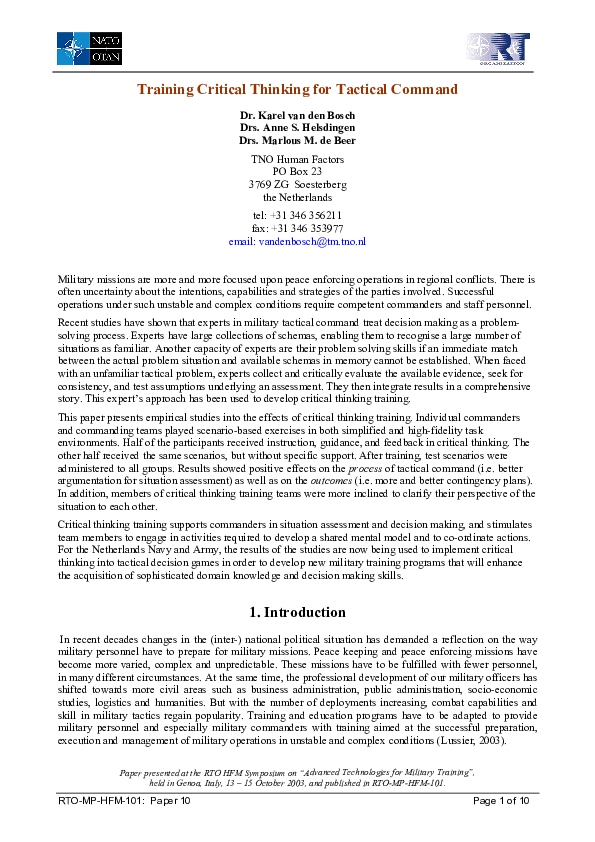 (PDF) Training Critical Thinking for Tactical Command