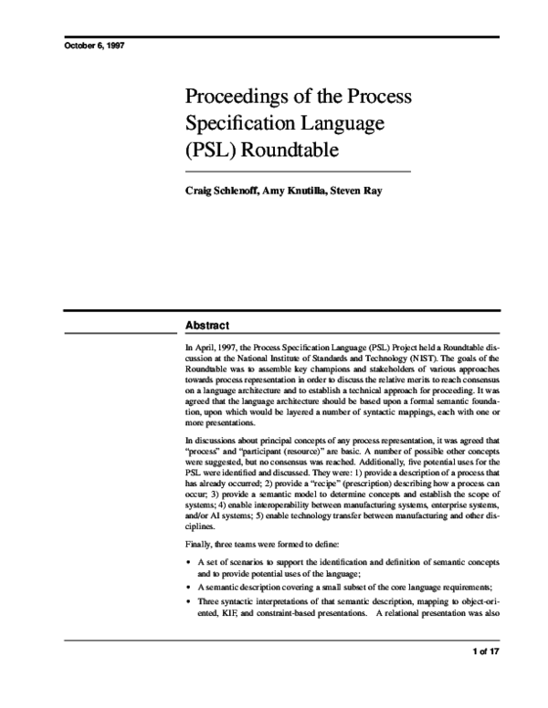 (PDF) Proceedings of the Process Specification Language (PSL) Roundtable