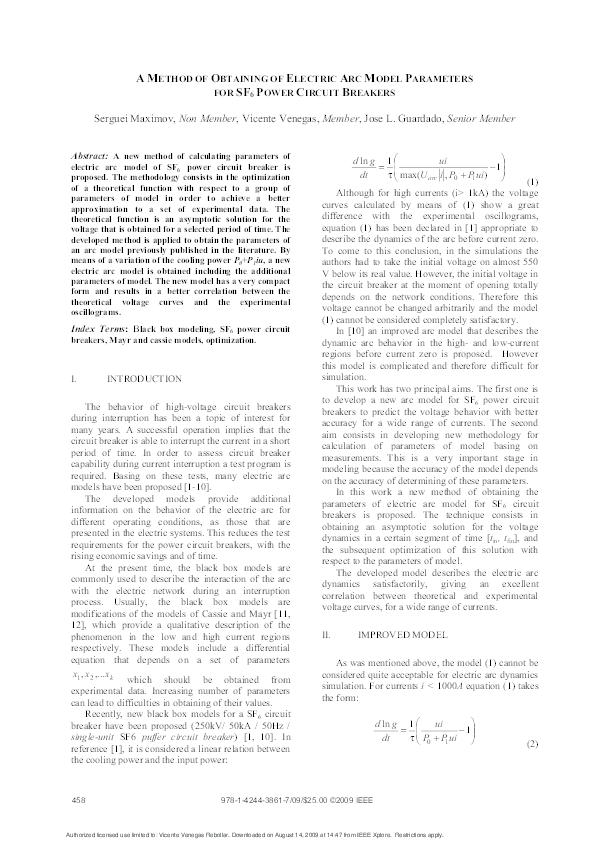 (PDF) A method of obtaining of electric arc model parameters for SF6 ...