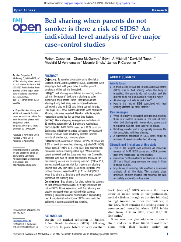 (PDF) Bed sharing when parents do not smoke is there a risk of SIDS