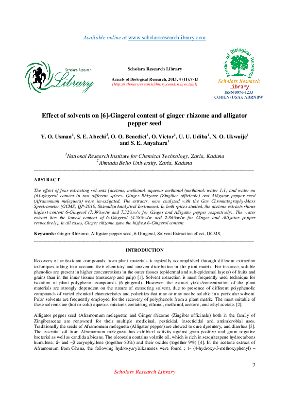 (PDF) Effect of solvents on [6]Gingerol content of ginger rhizome and