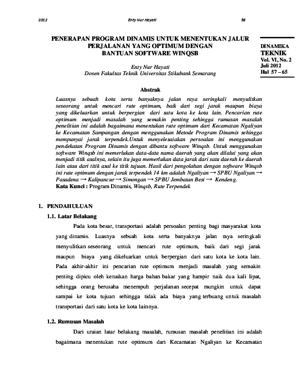 Pdf Penerapan Program Dinamis Untuk Menentukan Jalur Perjalanan Yang Optimum Dengan Bantuan Software Winqsb Boby Indra Pratama Academia Edu