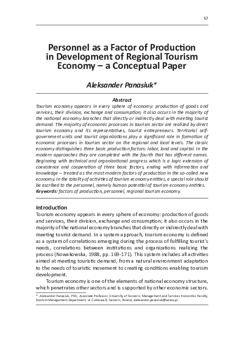 Personnel as a Factor of Production in Development of Regional Tourism ...