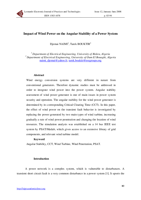 (PDF) Impact of Wind Power on the Angular Stability of a Power System