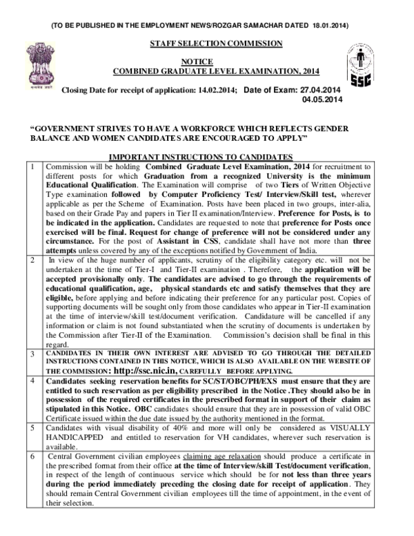 (PDF) STAFF SELECTION COMMISSION NOTICE COMBINED GRADUATE LEVEL