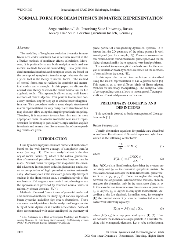 (PDF) NORMAL FORM FOR BEAM PHYSICS IN MATRIX REPRESENTATION
