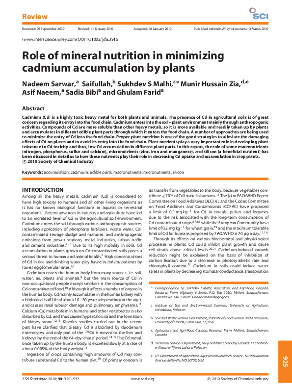 (PDF) Role of mineral nutrition in minimizing cadmium accumulation by