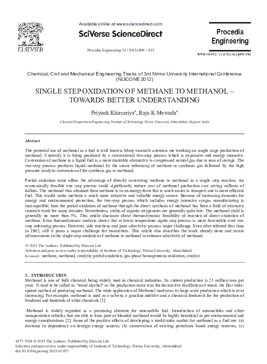 (PDF) SINGLE STEP OXIDATION OF METHANE TO METHANOL – TOWARDS BETTER ...