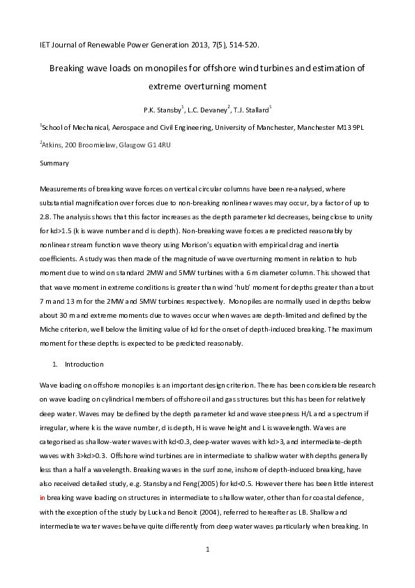 (PDF) Breaking wave loads on monopiles for offshore wind turbines and ...