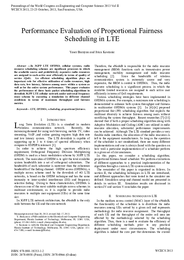 (PDF) Performance Evaluation of Proportional Fairness Scheduling in LTE