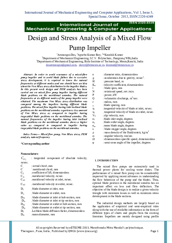 (PDF) Design and Stress Analysis of a Mixed Flow Pump Impeller