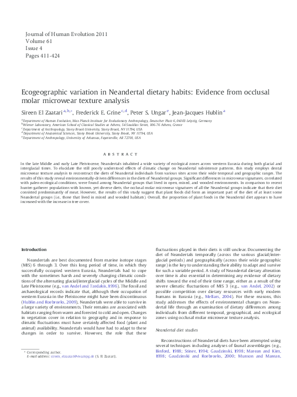 El Zaatari, S. et al. (2011) Ecogeographic variation in Neandertal dietary habits Evidence from