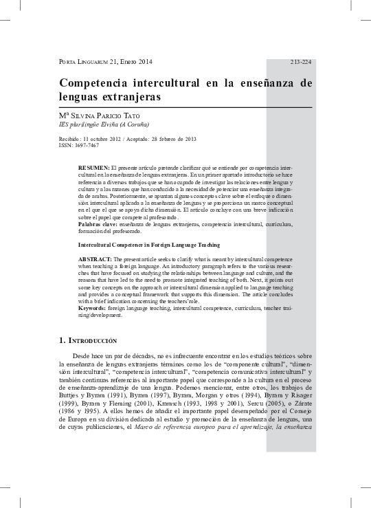(PDF) Competencia intercultural en la enseñanza de lenguas extranjeras