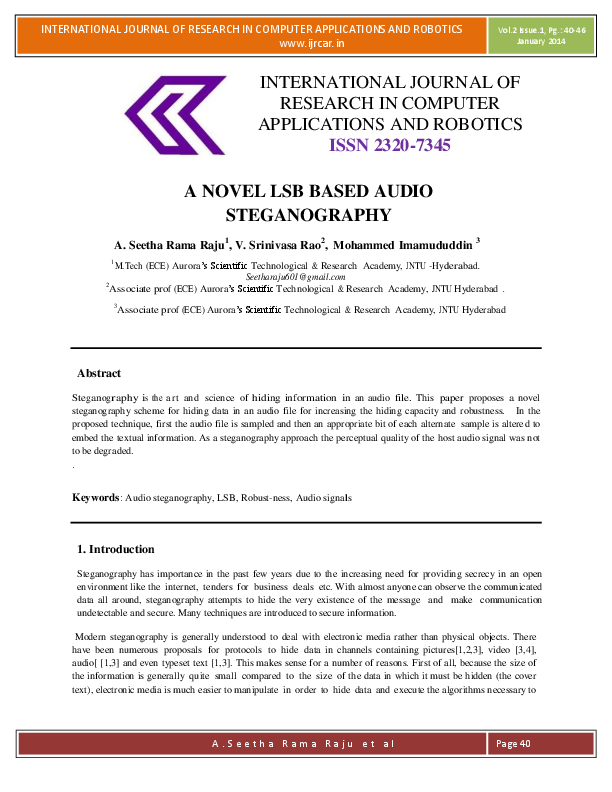 (PDF) A NOVEL LSB BASED AUDIO STEGANOGRAPHY