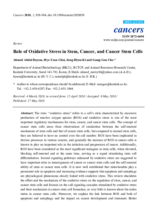 (PDF) Role of Oxidative Stress in Stem, Cancer, and Cancer Stem Cells
