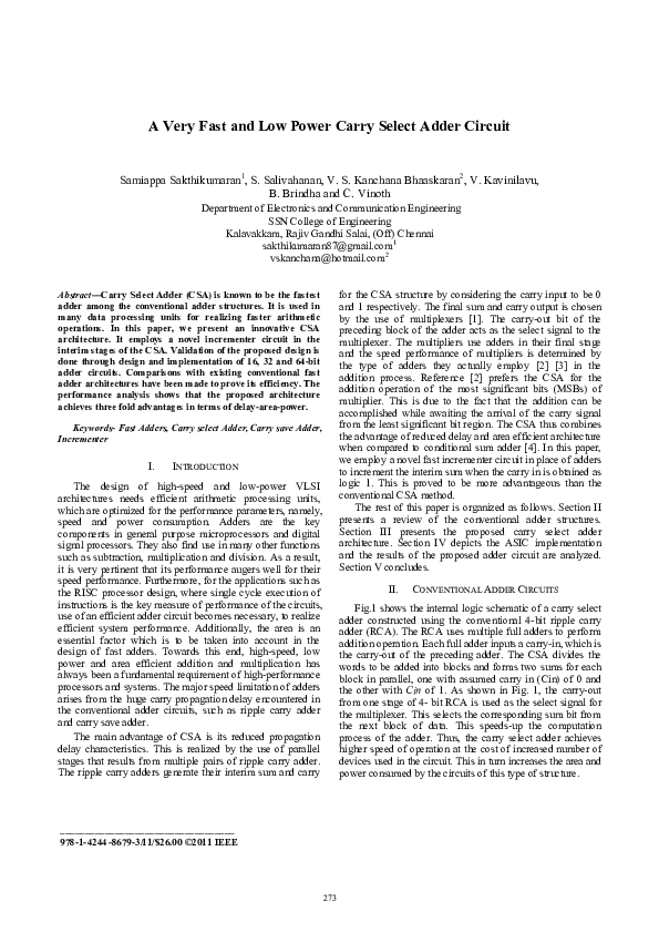 (PDF) A Very Fast and Low Power Carry Select Adder Circuit