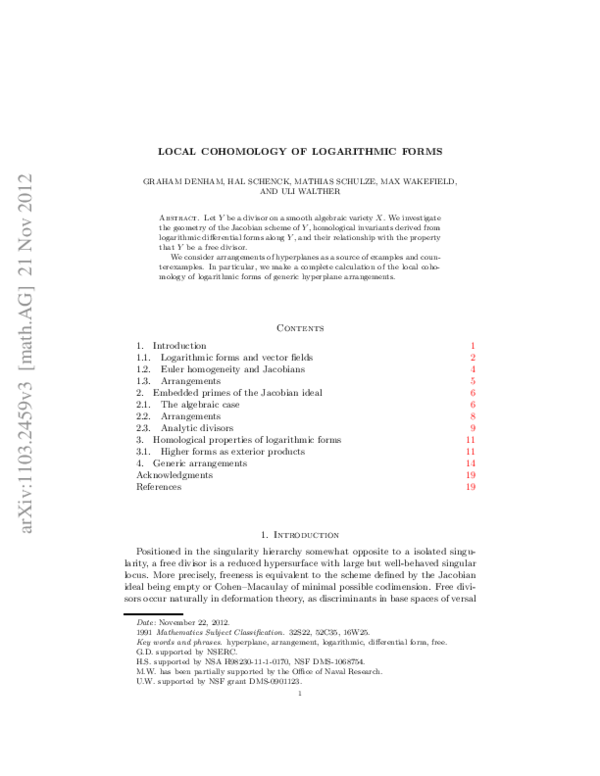 (PDF) Local cohomology of logarithmic forms max hal Academia.edu
