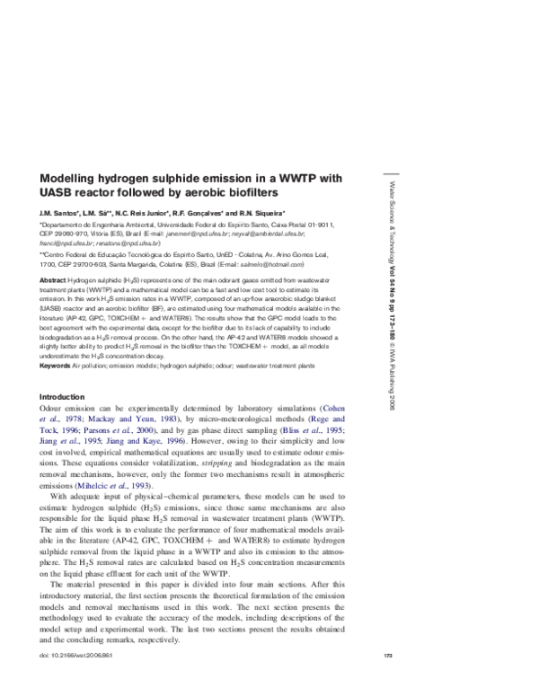 (PDF) Modelling hydrogen sulphide emission in a WWTP with UASB reactor ...