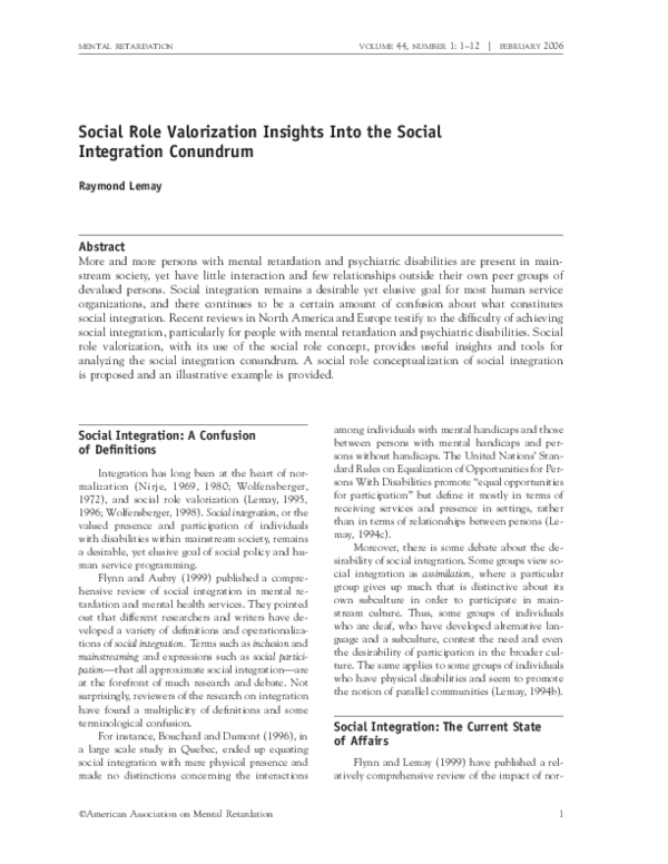 (PDF) Lemay 2006 Social Role Valorization Insights Into the Social ...